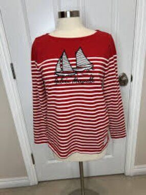 Talbots France Bateau Marseille Stripe Top – Sailboat Graphic – Size M 🔥